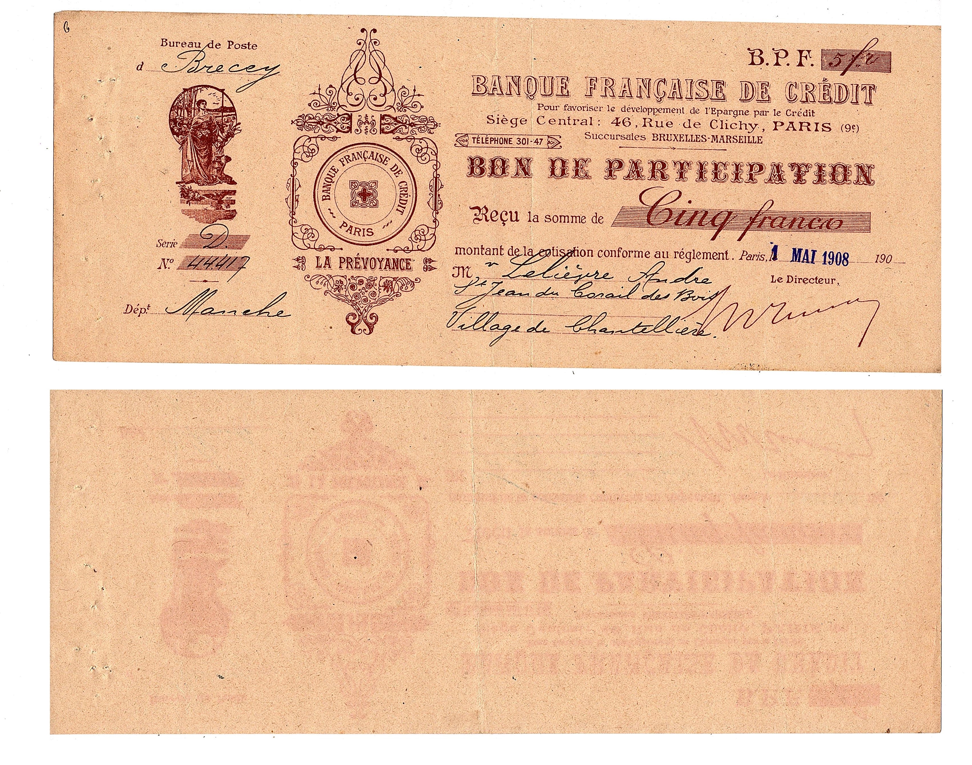 France #Bank Credit in Paris 1908/VF1